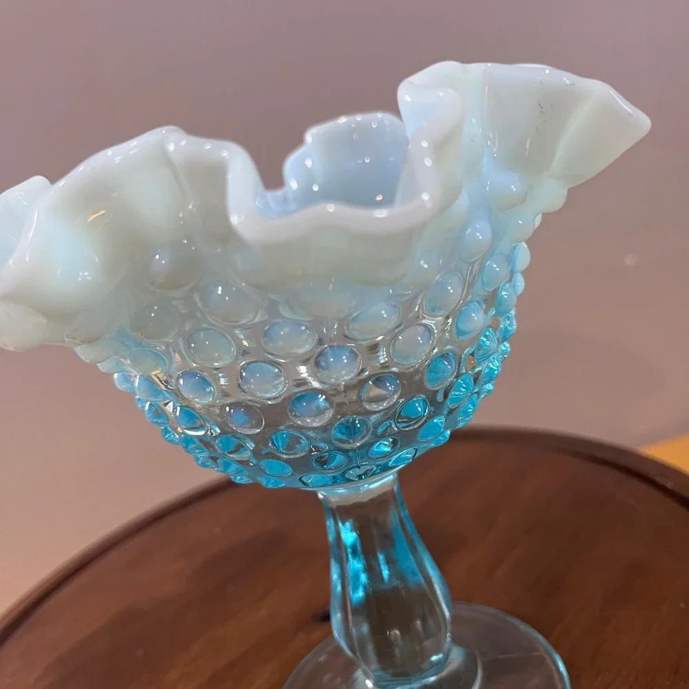 Vtg Fenton Blue Opalescent Hobnail Ruffled Glass Compote‎ MCM Candy Dish 6